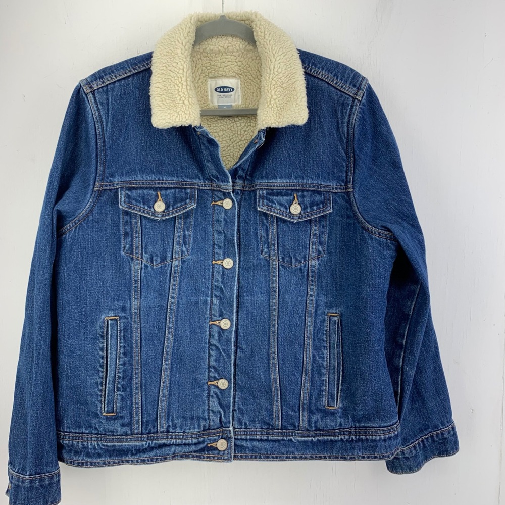 Old Navy Womens XL Sherpa Lined Denim Trucker Jacket Western Cowgirl Rodeo Work